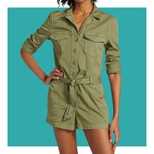 Veronica Beard Long Sleeve Button Up Belted Army Green Winifred Romper Size L